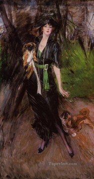 2人のペキニーズジャンルを持つ女性リナ・ビリティスの肖像 ジョバンニ・ボルディーニ Oil Paintings